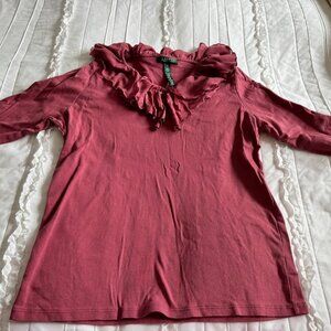 Lauren Ralph Lauren Red Ruffle Trim Ribbed 3/4 Sleeve Top Size 1X